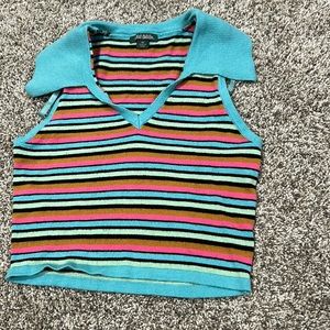 V-neck knitted crop top, striped with blue, black, teal, orange, and pink.